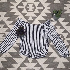 White and blue striped off the shoulder shirt